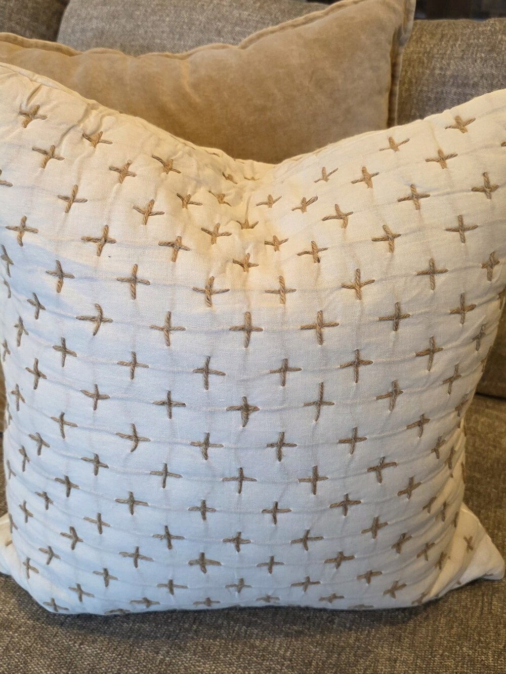 Ralph Lauren Home Cream Pillow Tan Embroidered Crosses & RL Waterfowl Insert